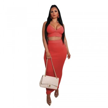 Ribbed Knit Two Piece Set for Women Crop Top and Long Skirt Set Sexy 2 Piece Club Outfits Matching Sets